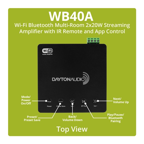 Picture 7 Close up view of WB40A Wi-Fi Bluetooth Multi-Room 2x20W Amplifier with IR Remote