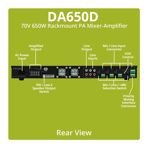 Dayton Audio - DA650D Commercial Audio Amplifier 650W 70V/ 100V/ 4
